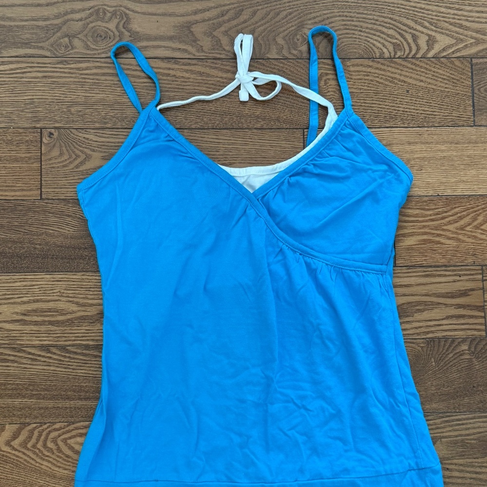 Blue Women's Sleeveless V-Neck Tank Top with Tie Neck